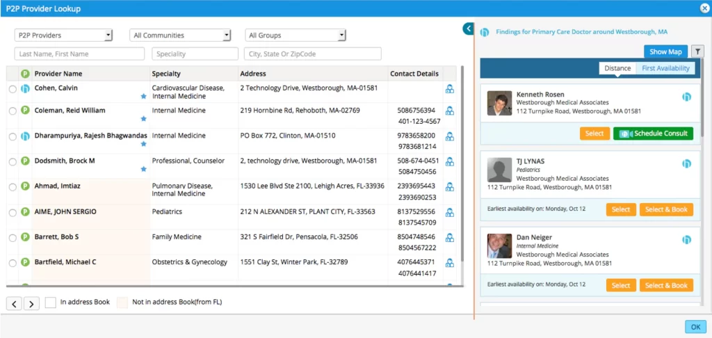 : Screenshot image of the eClinicalWorks EMR software showing the doctor finding and appointment booking interface.