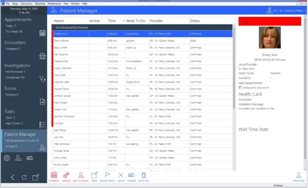 ABELMed EMR software appointment list and patient overview dashboard screenshot.