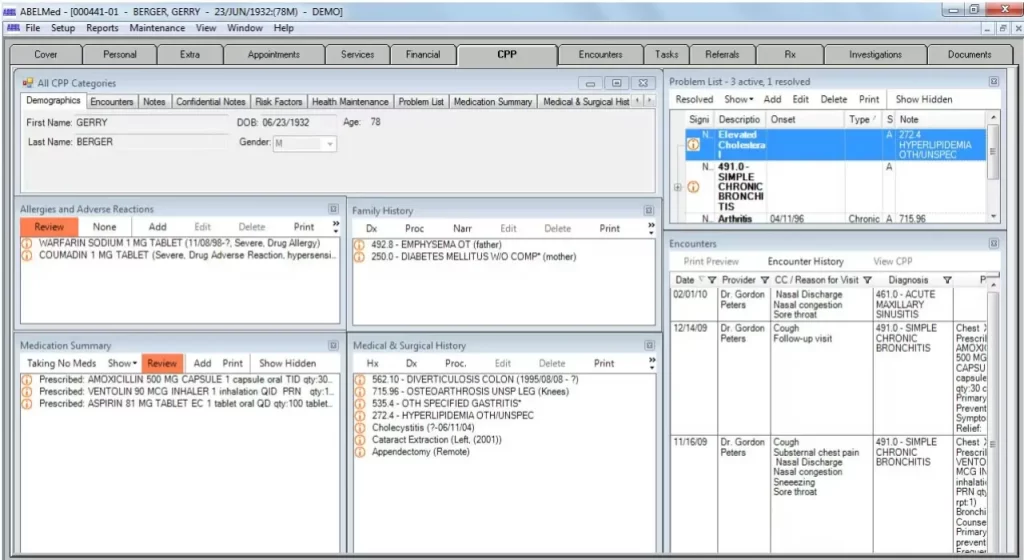 ABELMed EMR software patient chart review summary dashboard screenshot.