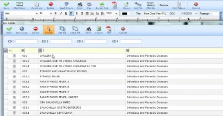 A.I.Med EHR software showing ICD codes listing interface screenshot.