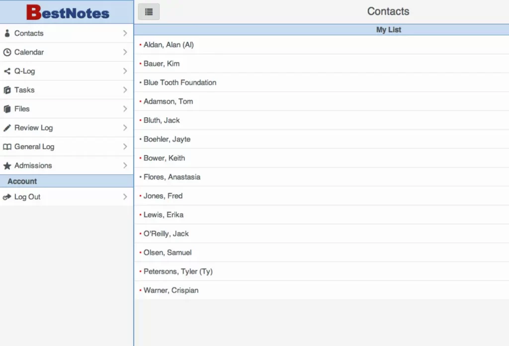 BestNotes EHR software clients list and navigation menu dashboard screenshot.
