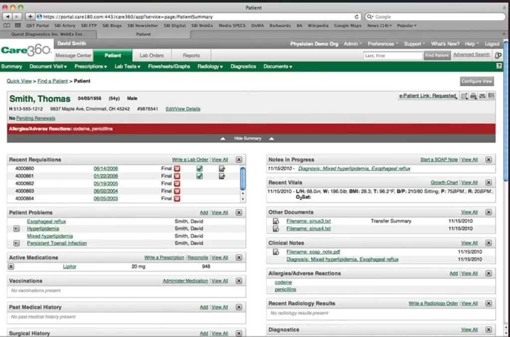 Care360 EMR software clinical notes and patient summary dashboard screenshot.