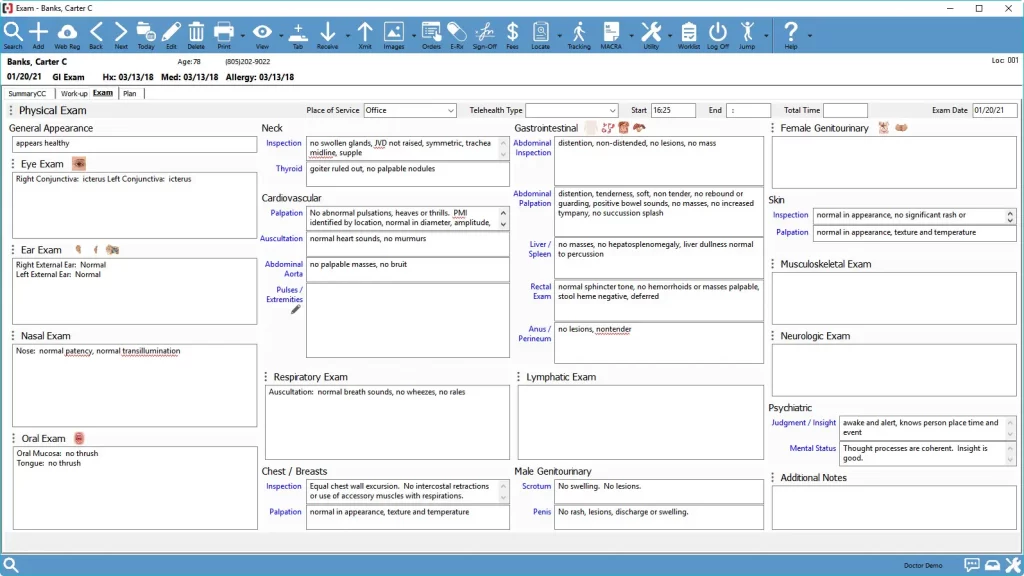 Compulink EMR software patient examination and clinical notes interface screenshot.