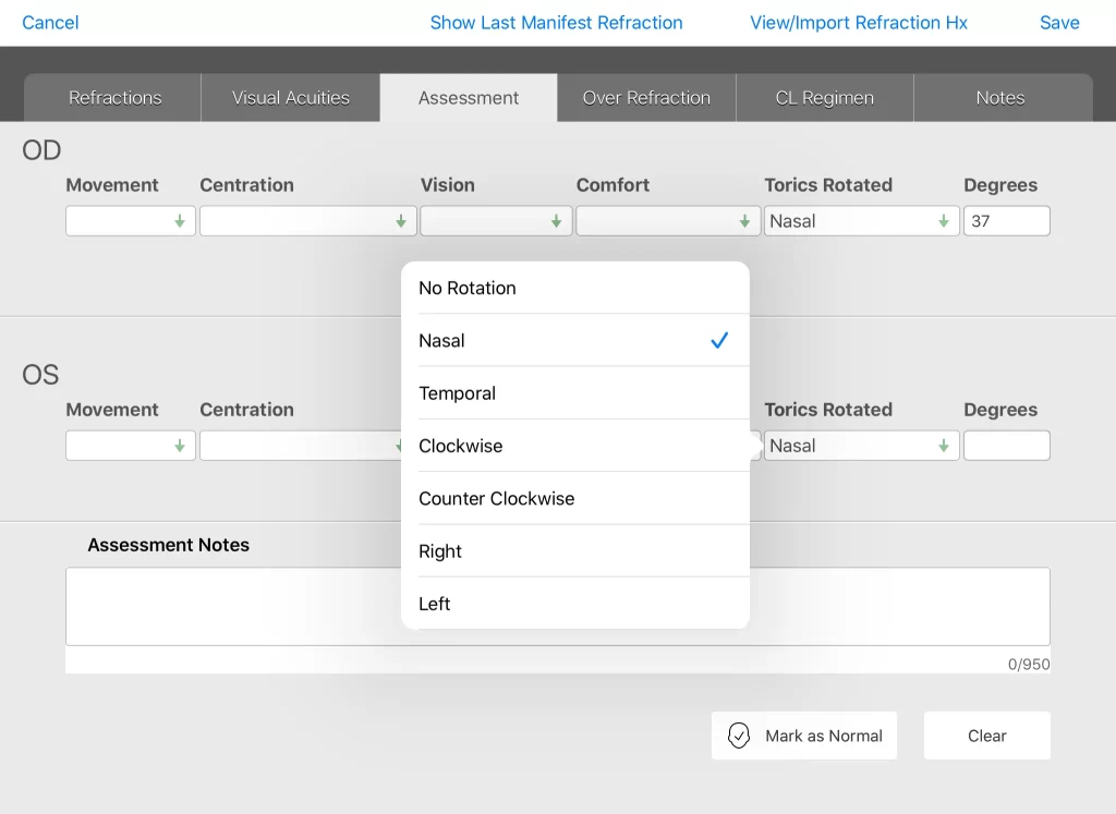 Eyefinity EHR software eye assessment tab screenshot.