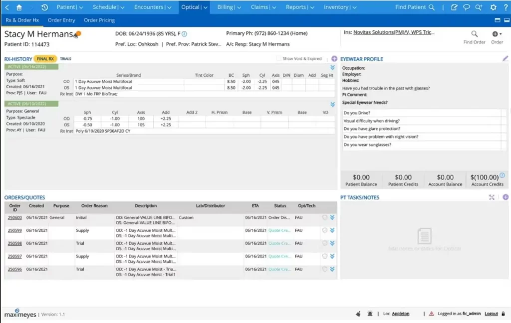 MaximEyes EHR Practice Management Software Optical Rx History