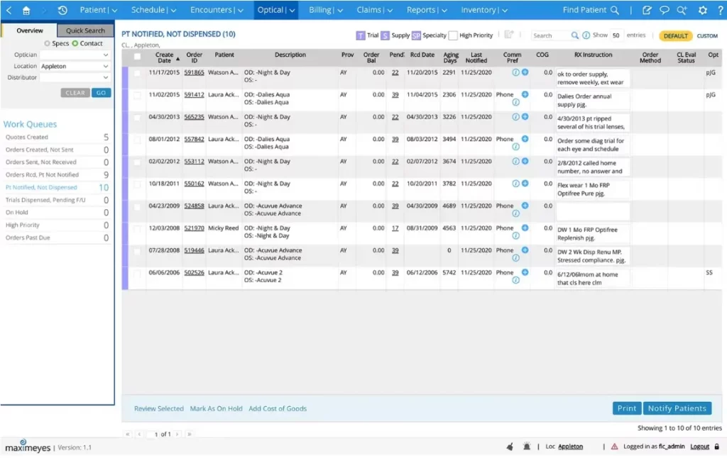 MaximEyes EMR software optical order list with RX instructions and order details dashboard.