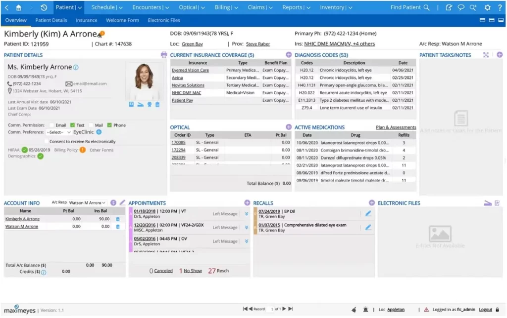 MaximEyes EMR Software patient's chart showing active eye medications and optical orders.