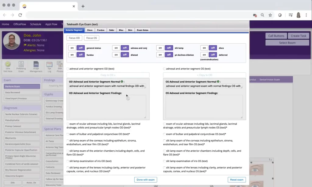 Screenshot image of ModMed EMR Software Telehealth Eye Exam interface