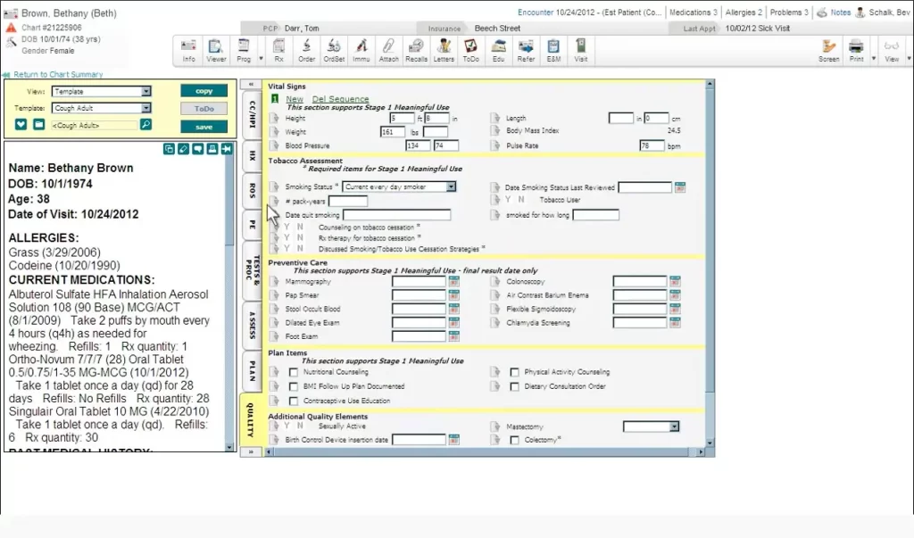 Optum Physician EMR software chart summary and medical details dashboard screenshot.