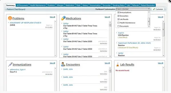 Panacea EMR software showing patient dashboard.