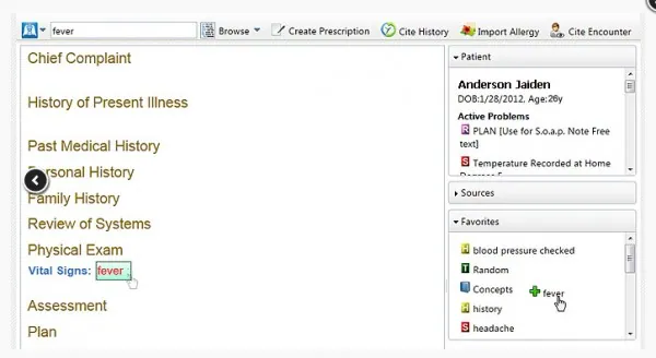 Panacea EMR software clinical notes and patient evaluation screenshot.