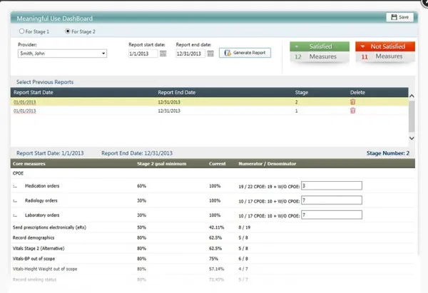 screenshot image of Panacea EMR software showing reporting quality metrics and tracking healthcare compliance