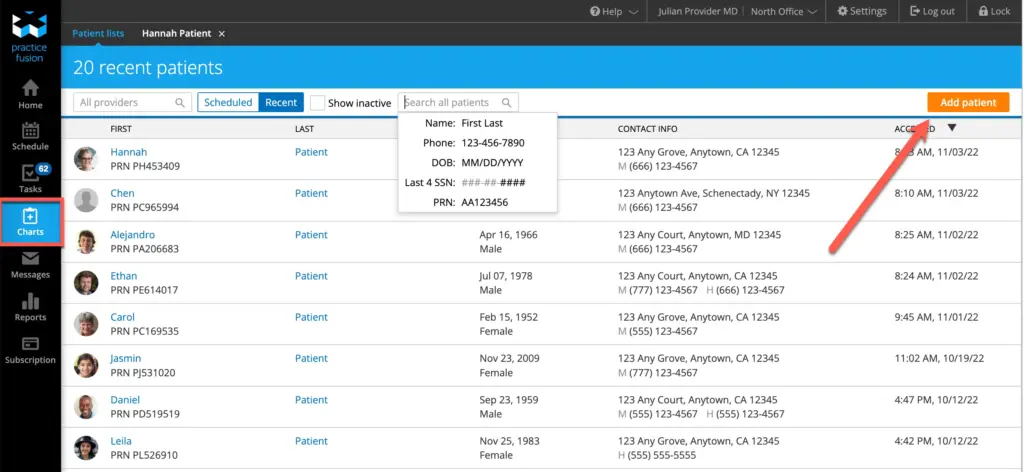 Practice Fusion EMR Software -Add New Patient