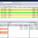 Screenshot of a network monitoring dashboard with a multi-column schedule table and color-coded rows (yellow/green/orange) across three panels.