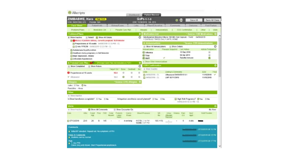 TouchWorks EHR software patient record showing Prenatal Chart dashboard screenshot.