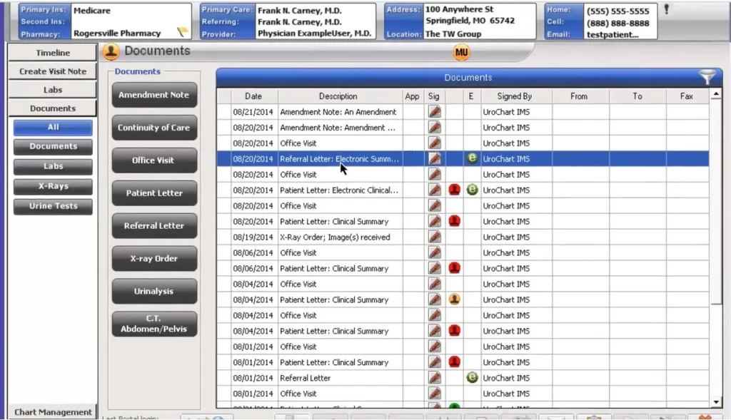 UroChart EHR software document lists and clinical summaries dashboard screenshot.