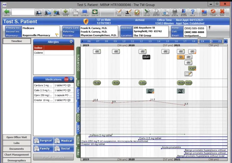 UroChart EHR software patient timeline dashboard showing patient medication and lab details.