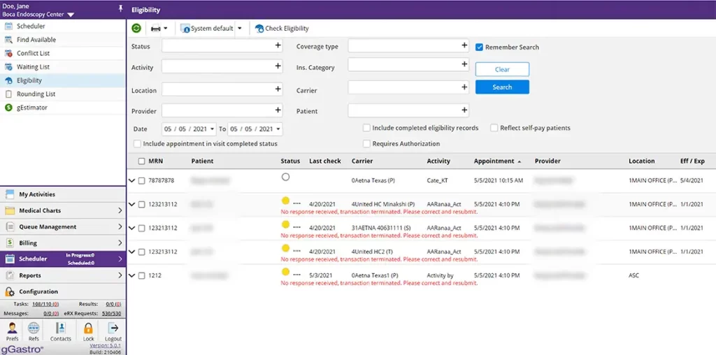 gGastro EMR software showing insurance eligibility verification and appointment scheduler dashboard.