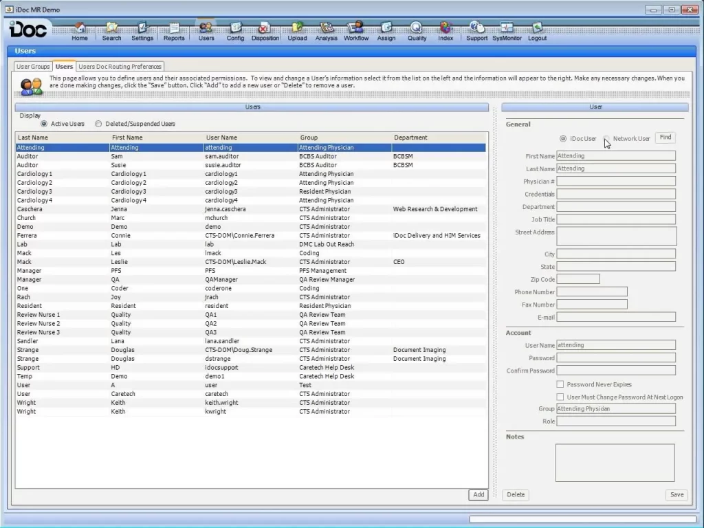 iDOC EMR software active users details list and editable account fields dashboard screenshot.