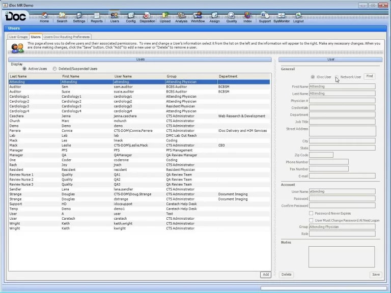 iDOC EMR software active users details list and editable account fields dashboard screenshot.