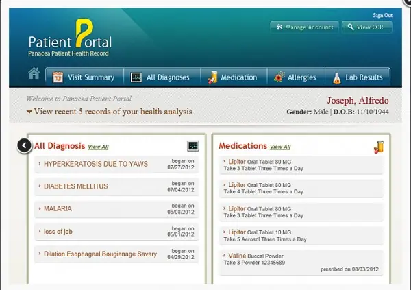 screenshot image of Panacea EMR software provides an overview of medical diagnoses.