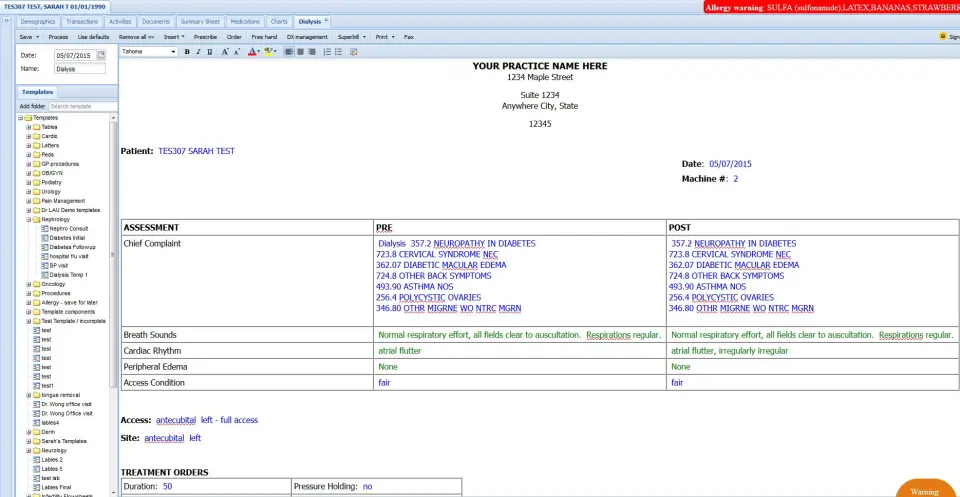 AllegianceMD EHR software showing patient assessment and notes dashboard screenshot.