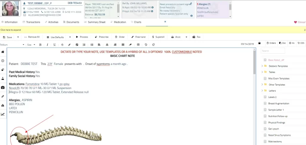 AllegianceMD EHR software patient charting and documentation tools dashboard screenshot.