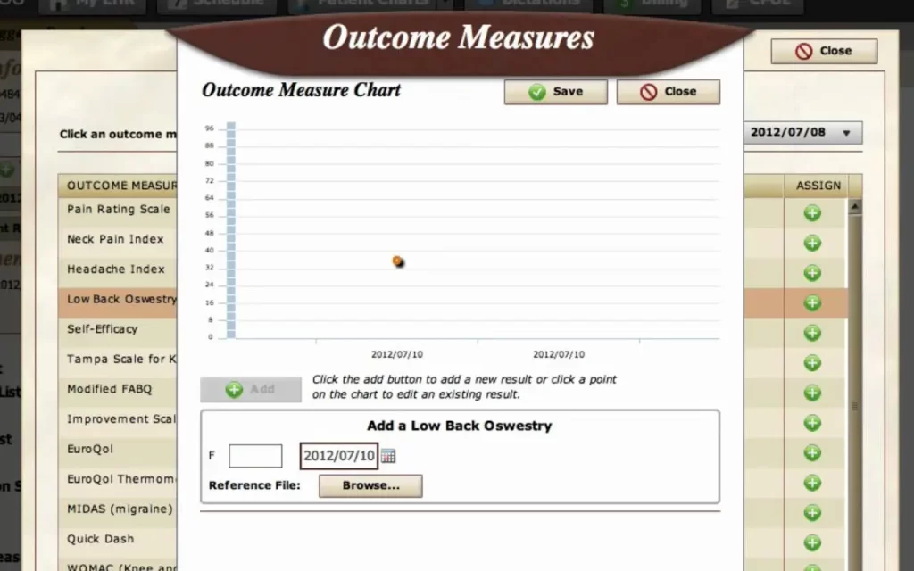 BackChart EHR software outcome measures chart screen tracking patient progress dashboard screenshot.