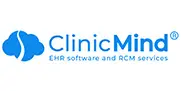 ClinicMind logo with a blue cloud icon and the text 'ClinicMind' and the tagline 'EHR software and ROM services'.