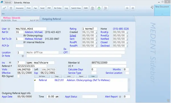 MEDENT EHR software creating and tracking outgoing patient referrals dashboard screenshot.
