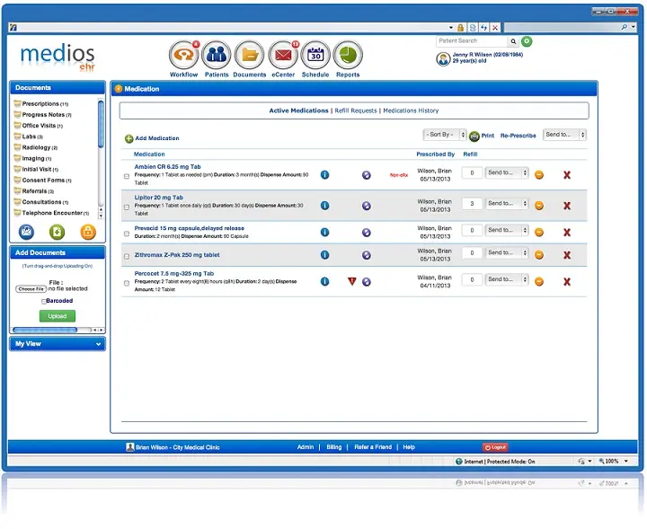 Medios EHR software medications dashboard with prescription details and management tools.