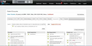 OneTouch EMR software patient encounter dashboard showing assessment tab with problem list and ICD-10 codes.