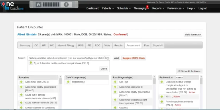 OneTouch EMR software patient encounter dashboard showing assessment tab with problem list and ICD-10 codes.