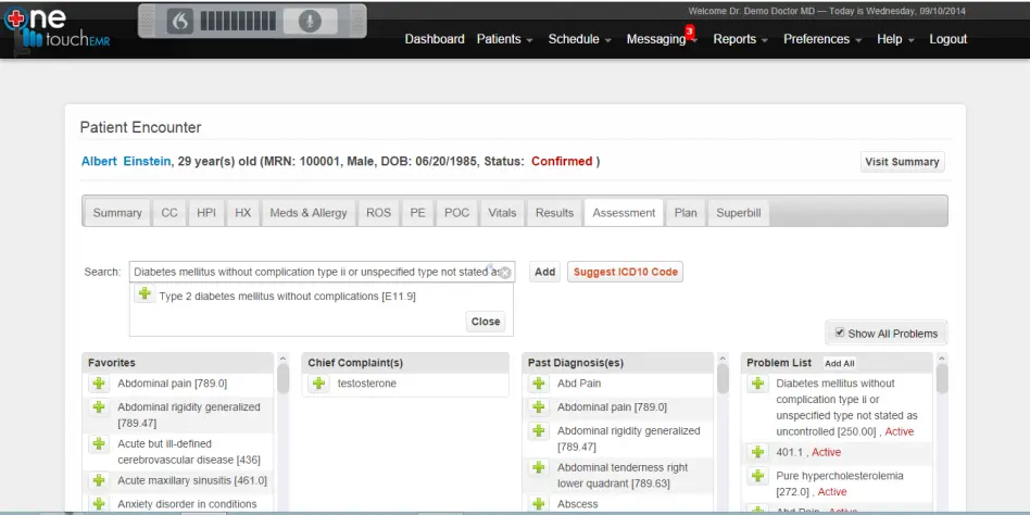 OneTouch EMR software patient encounter dashboard showing assessment tab with problem list and ICD-10 codes.