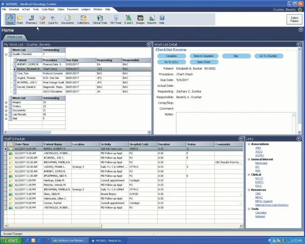 MOSAIQ EHR software patient work list and staff scheduling dashboard screenshot.