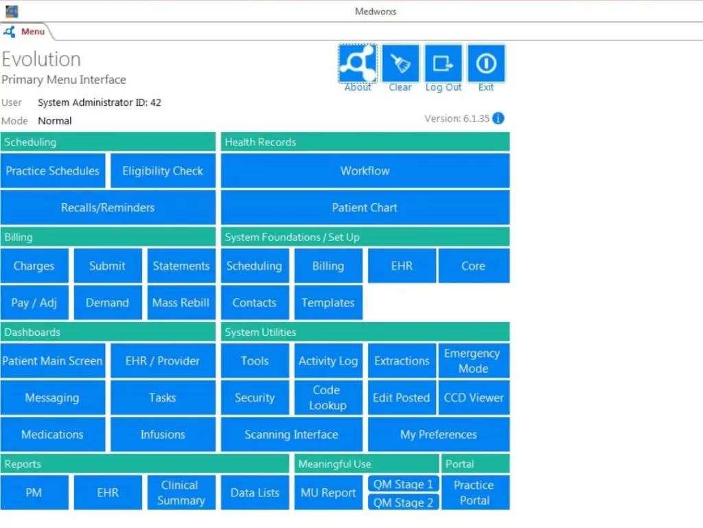 MedWorx Evolution EHR Practice Management Software Menu