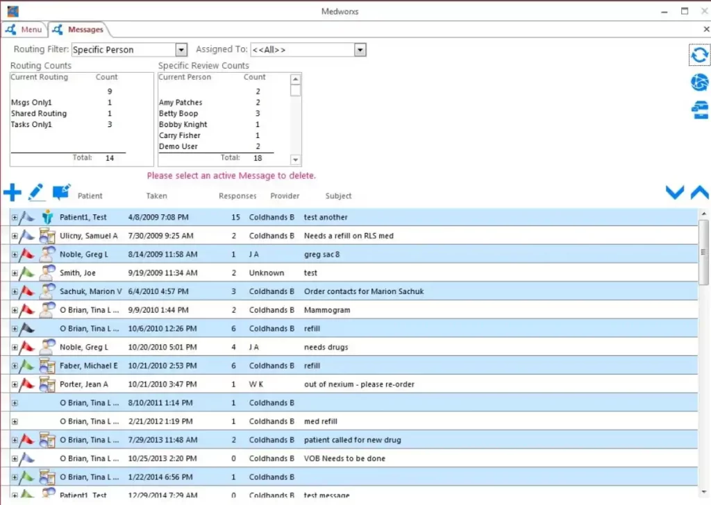 MedWorx Evolution EHR Practice Management Software Messages