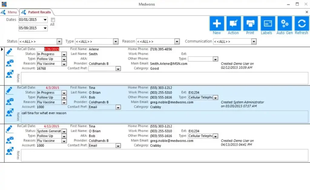 MedWorx Evolution EHR Practice Management Software Patient Recalls