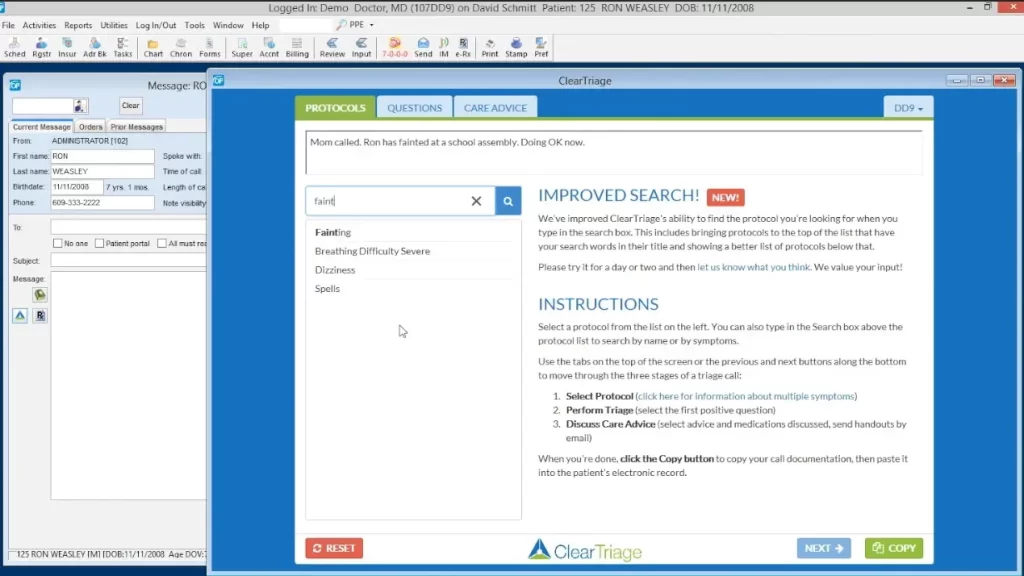 Office Practicum EHR software protocol lookup and patient communication dashboard.