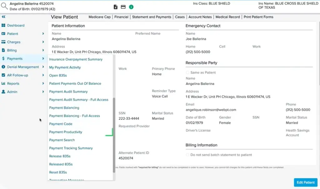 WebPT EMR Software payment dashboard