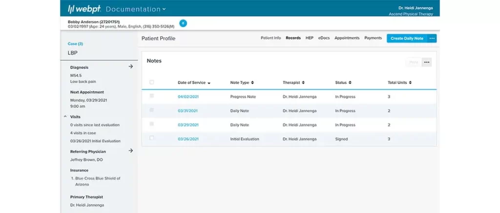 WebPT EMR software patient record showing therapy notes list with dates, note types, therapist names, and note statuses.