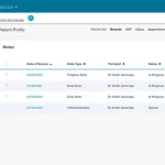 WebPT EMR software patient record showing therapy notes list with dates, note types, therapist names, and note statuses.