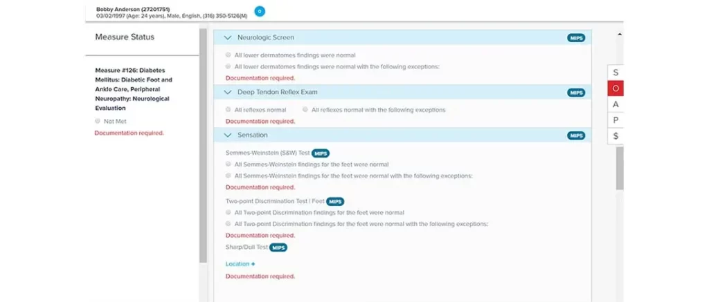 WebPT Physical Therapy EMR software MIPS linked neurologic and sensation assessments dashboard screenshot.