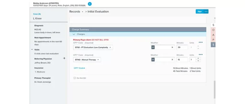 WebPT Physical Therapy EHR software Patient record evaluation showing charge summary dashboard.