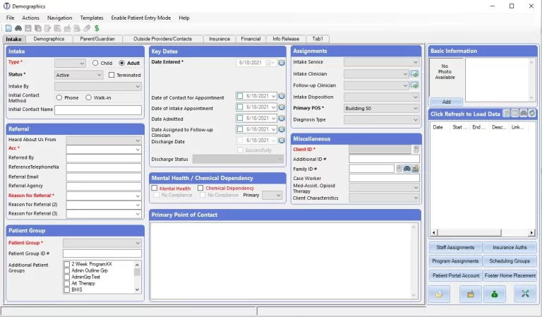 ClinicTracker Connect EHR software patient demographic intake form with referral and notes fields.