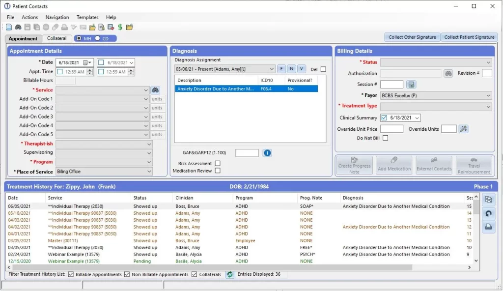 ClinicTracker EHR software showing patient appointment details, billing info, and diagnosis details.