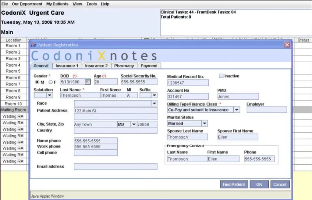 CodoniXnotes EMR software patient registration and revenue management dashboard screenshot.