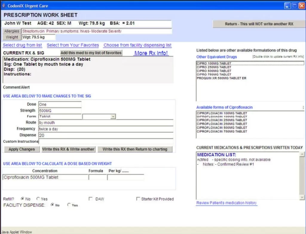 CodoniXnotes EMR Software showing prescription worksheet and current medication summary dashboard screenshot.