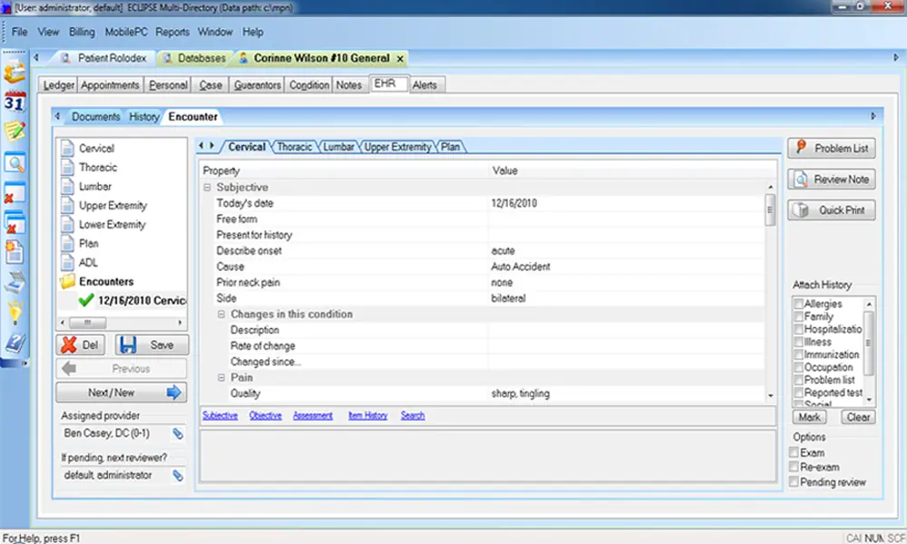 ECLIPSE EMR software patient evaluation and encounter documenting dashboard screenshot.