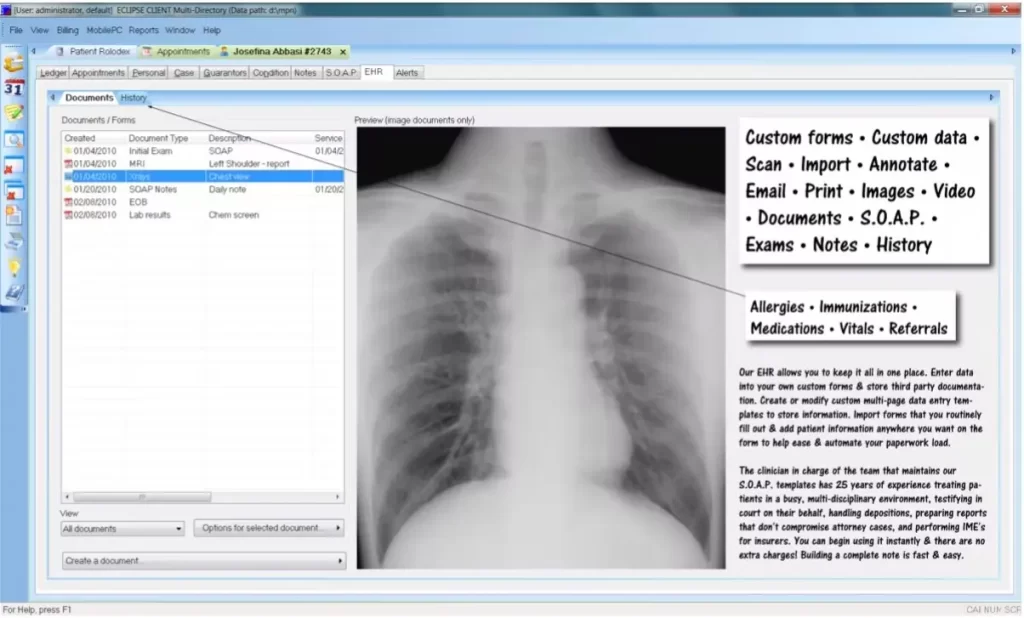 ECLIPSE Practice Management software patient document list and chest x-ray view dashboard screenshot.
